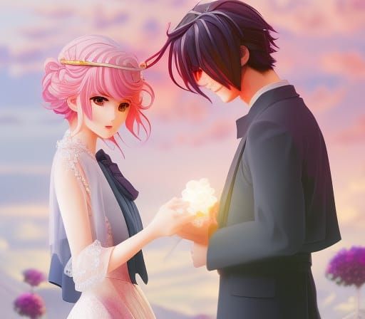 Anime Boy Offers Balloon at Sunset