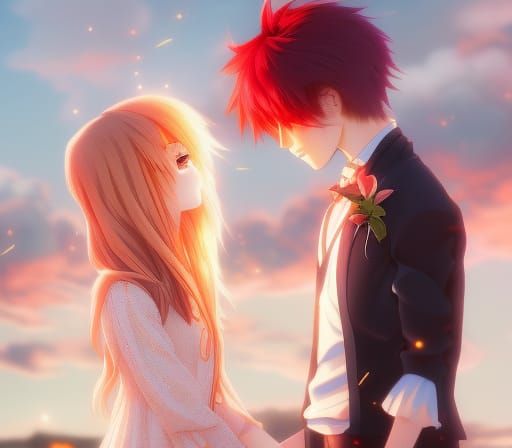 Romantic Anime Teens at Sunset in Art Nouveau Style