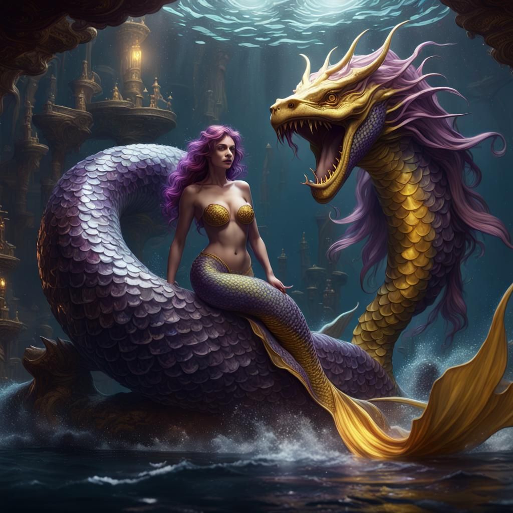 Sea Serpent and Mermaid in Dark Fantasy Style