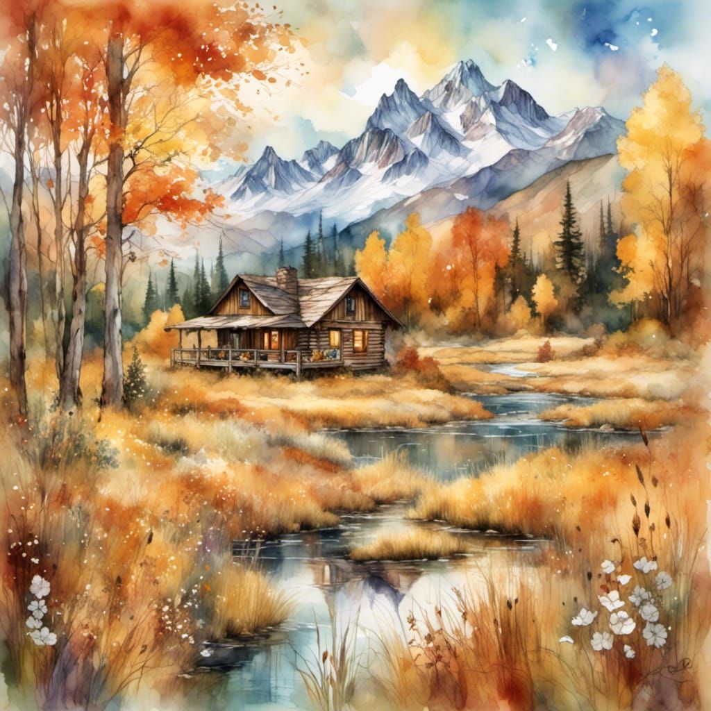 Autumn Meadow Landscape with Snow-Capped Mountains