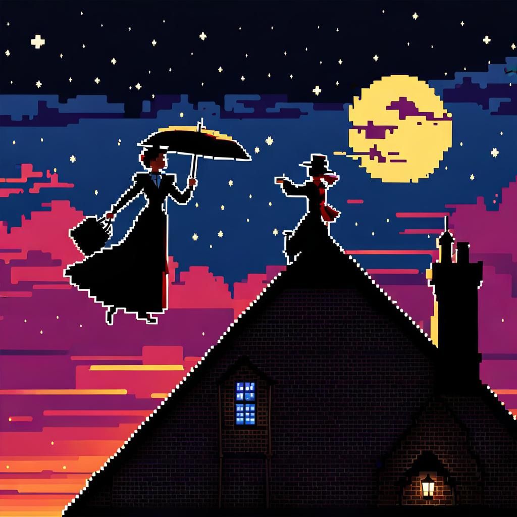 Mary Poppins Pixel Art Illustration on Rooftop