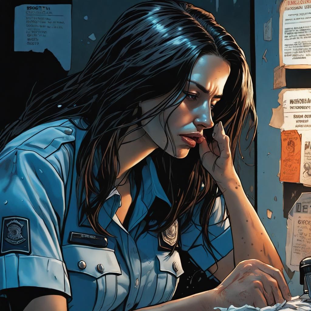 Brunette Policewoman in Dark Booth: Hyperrealistic Splash Ar...
