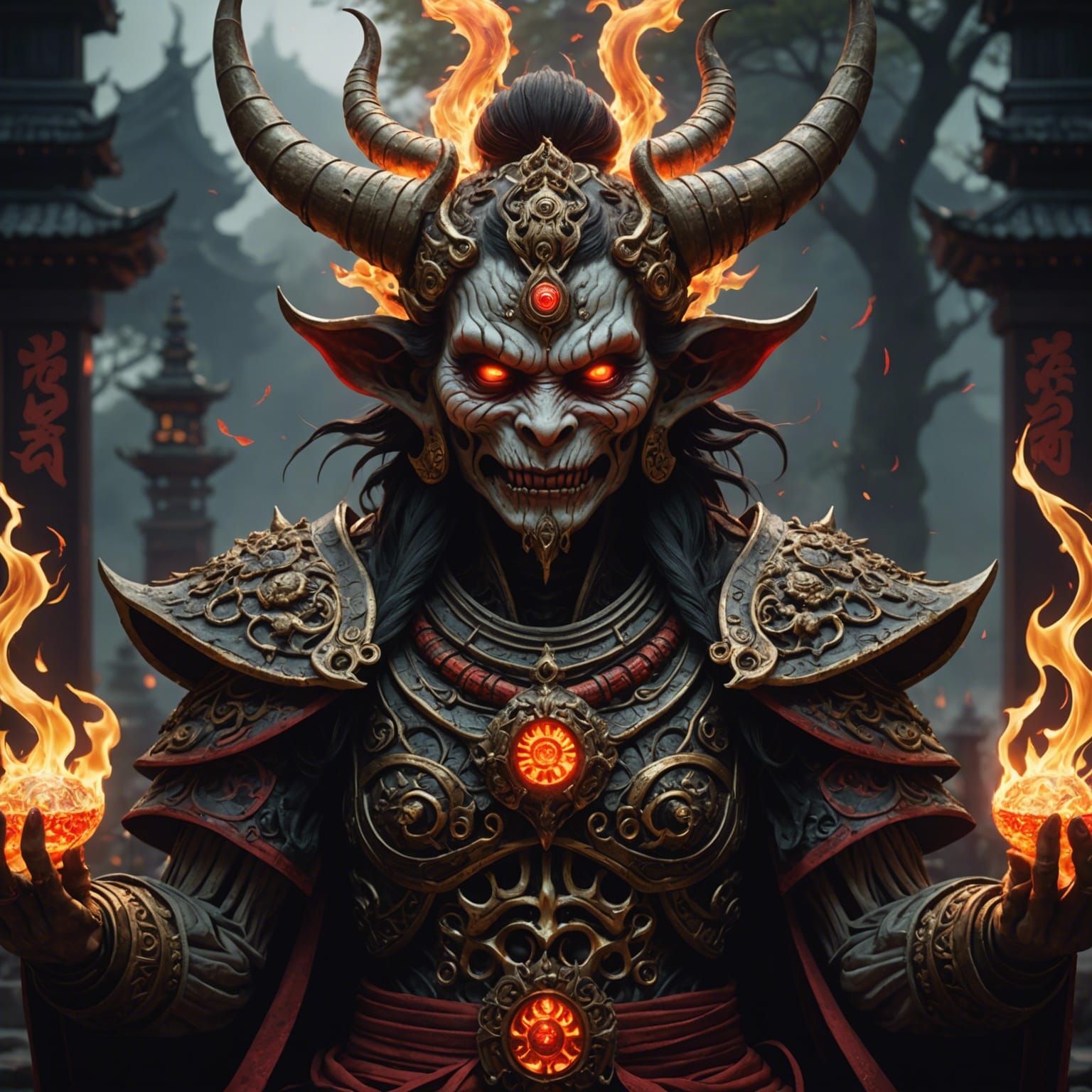 Japanese Buddhism Demon Mara in Hyperrealistic Dark Fantasy