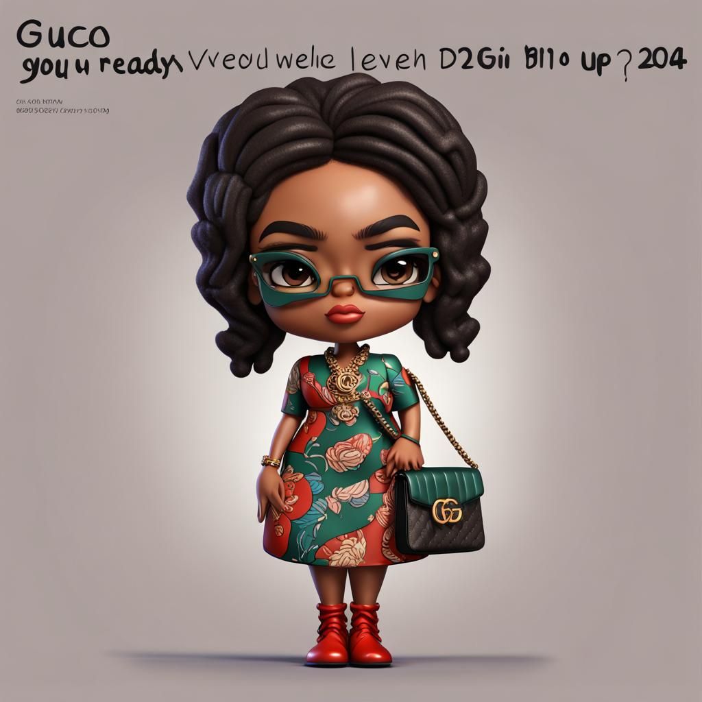 Bi-Racial Chibi Woman in Gucci, 3D Render
