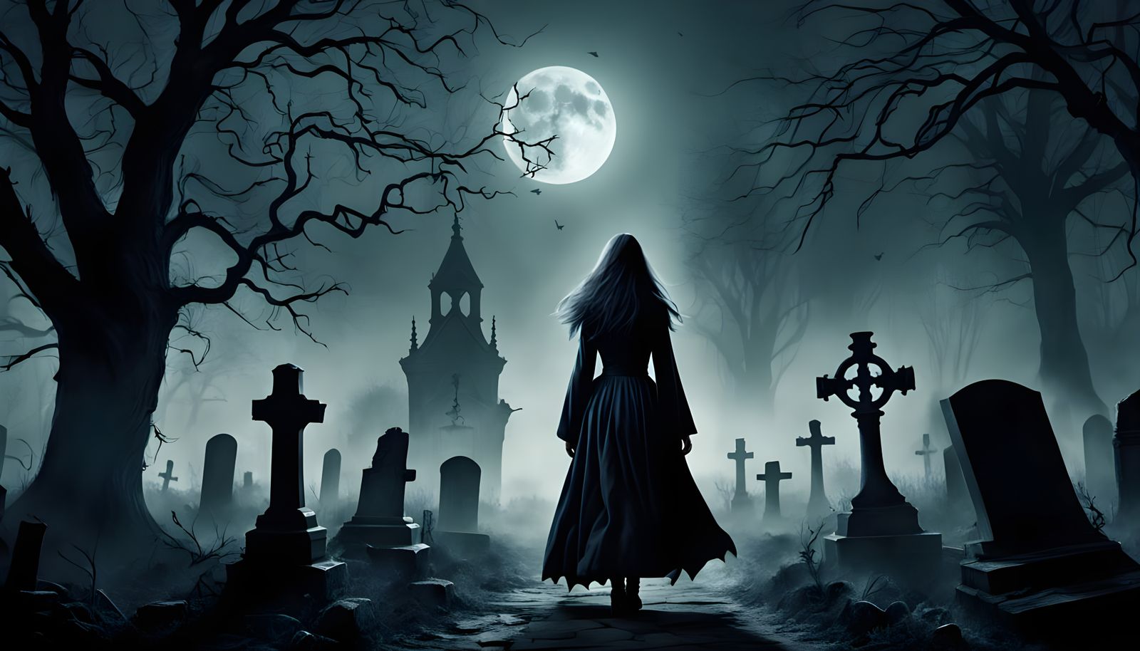 Witch in Graveyard at Full Moon Night