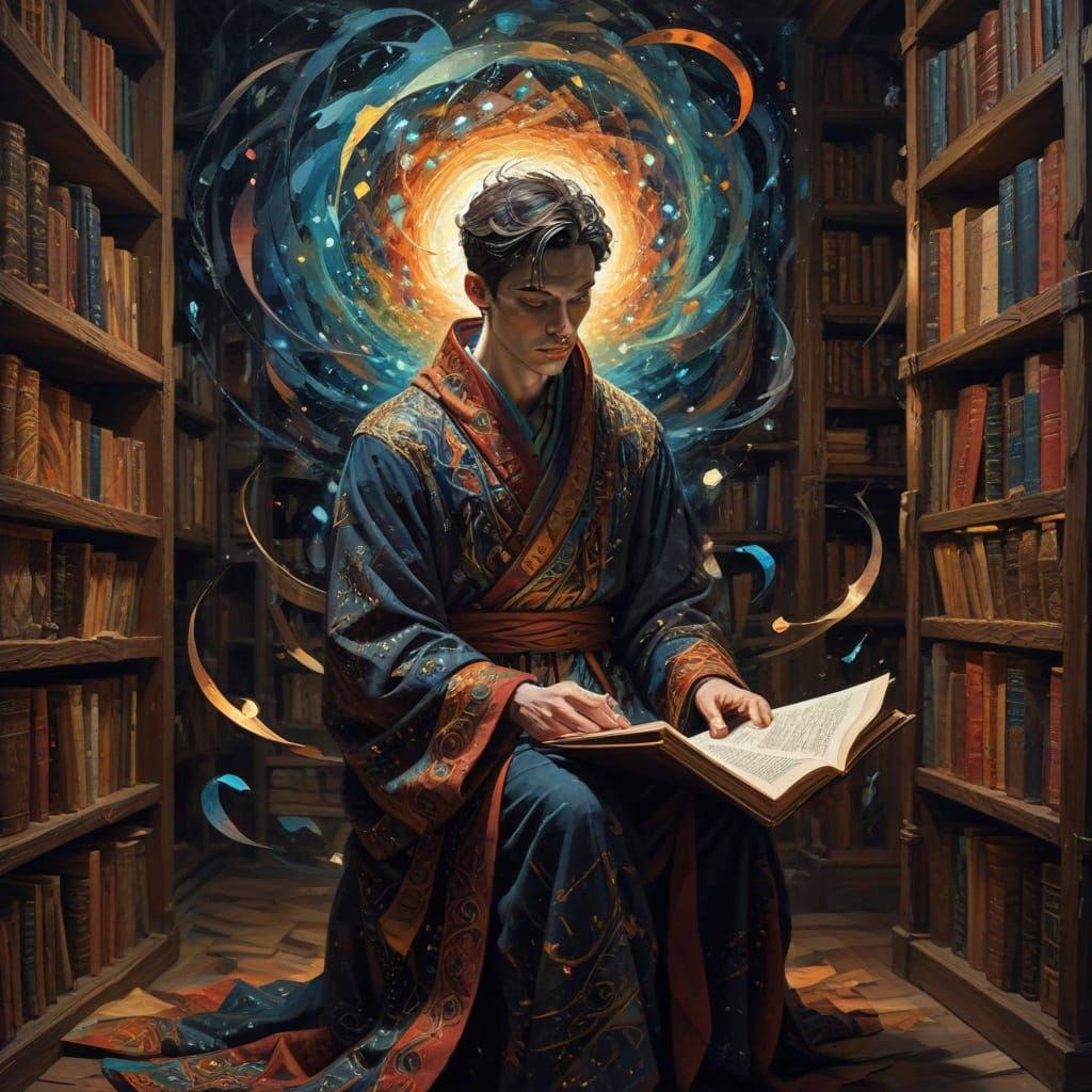 Cosmic Sage in an Androgynous Robe Surrounded by Ancient Tom...