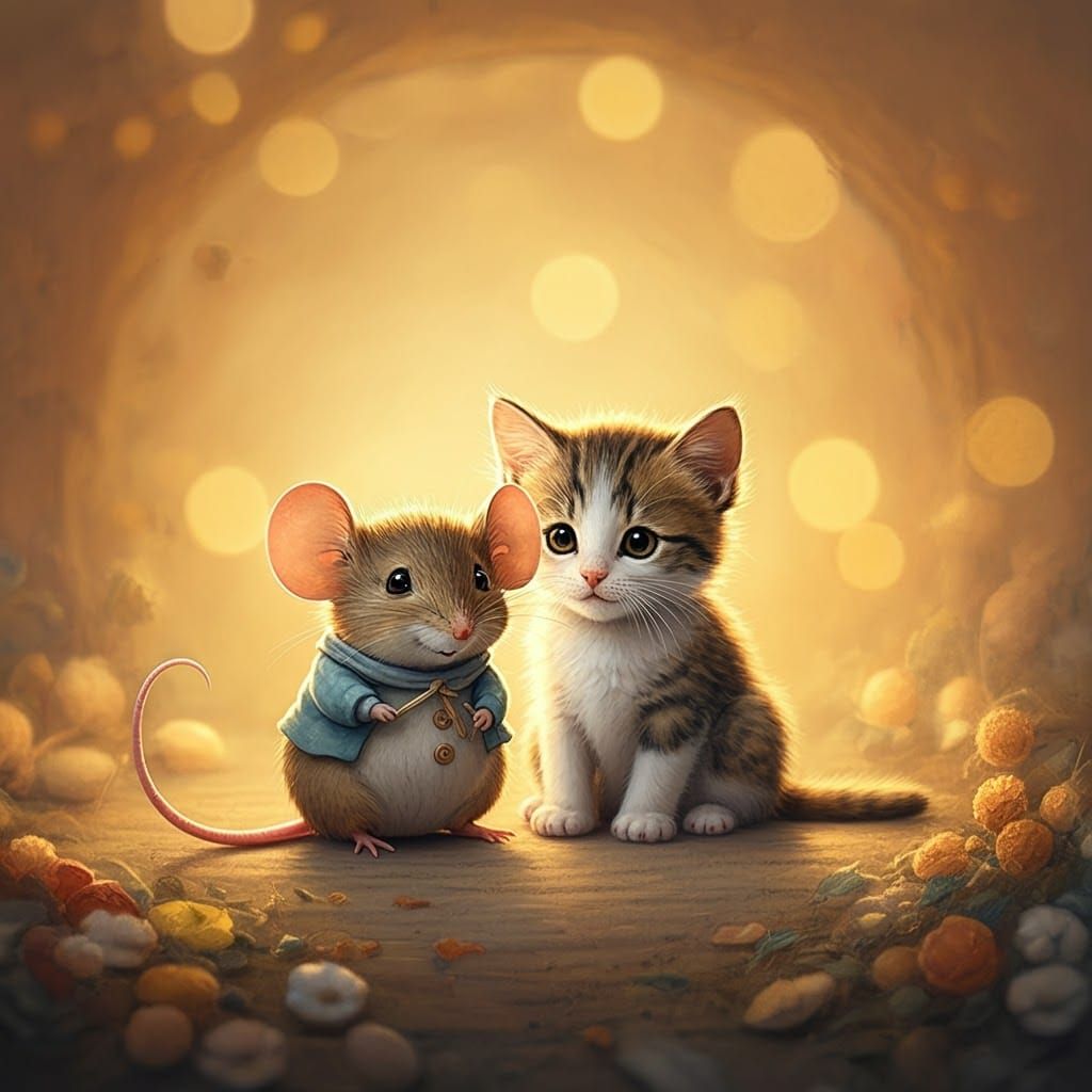 Mouse and Kitten Illustration in Children's Book Style