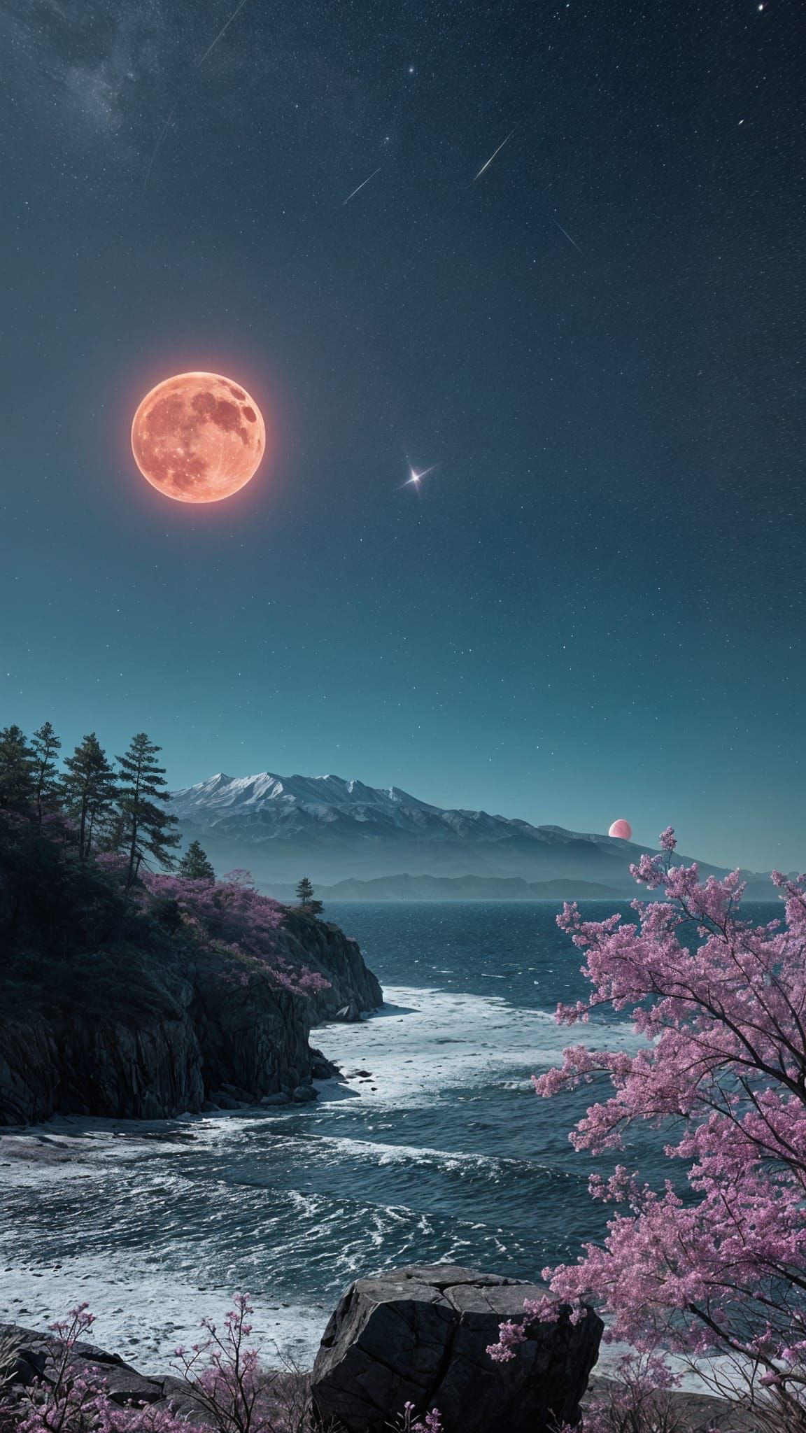 Mysterious Island Under Blood-Red Moon in Fantasy Style