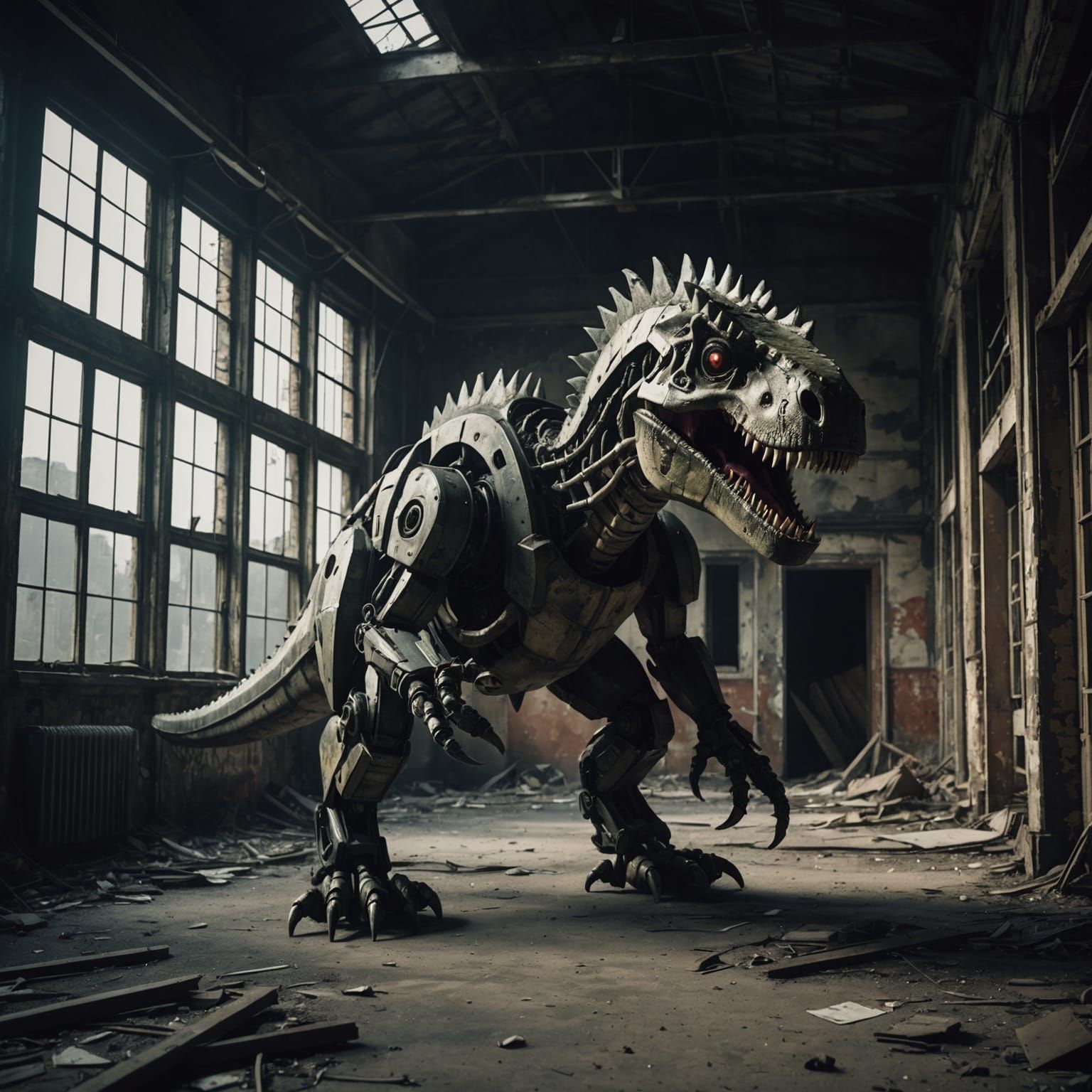 Menacing Robot Dinosaur in Abandoned Building