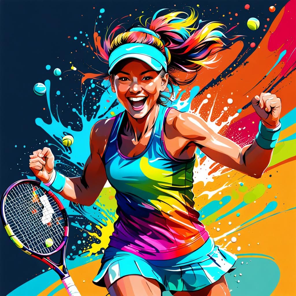 Joyful Tennis Player on Clay Court in Splash Art
