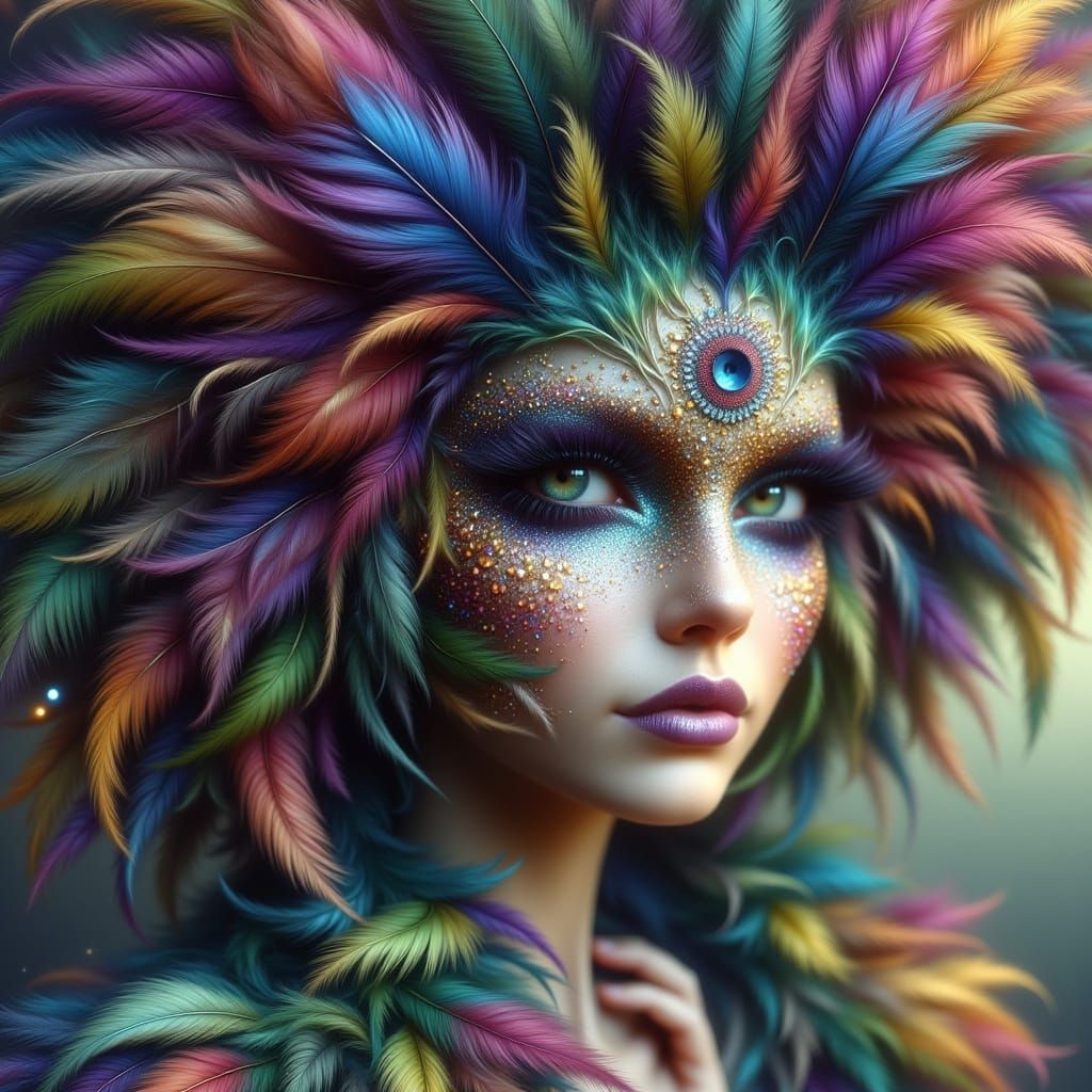 Feathered Porcelain Woman in Digital Art Style