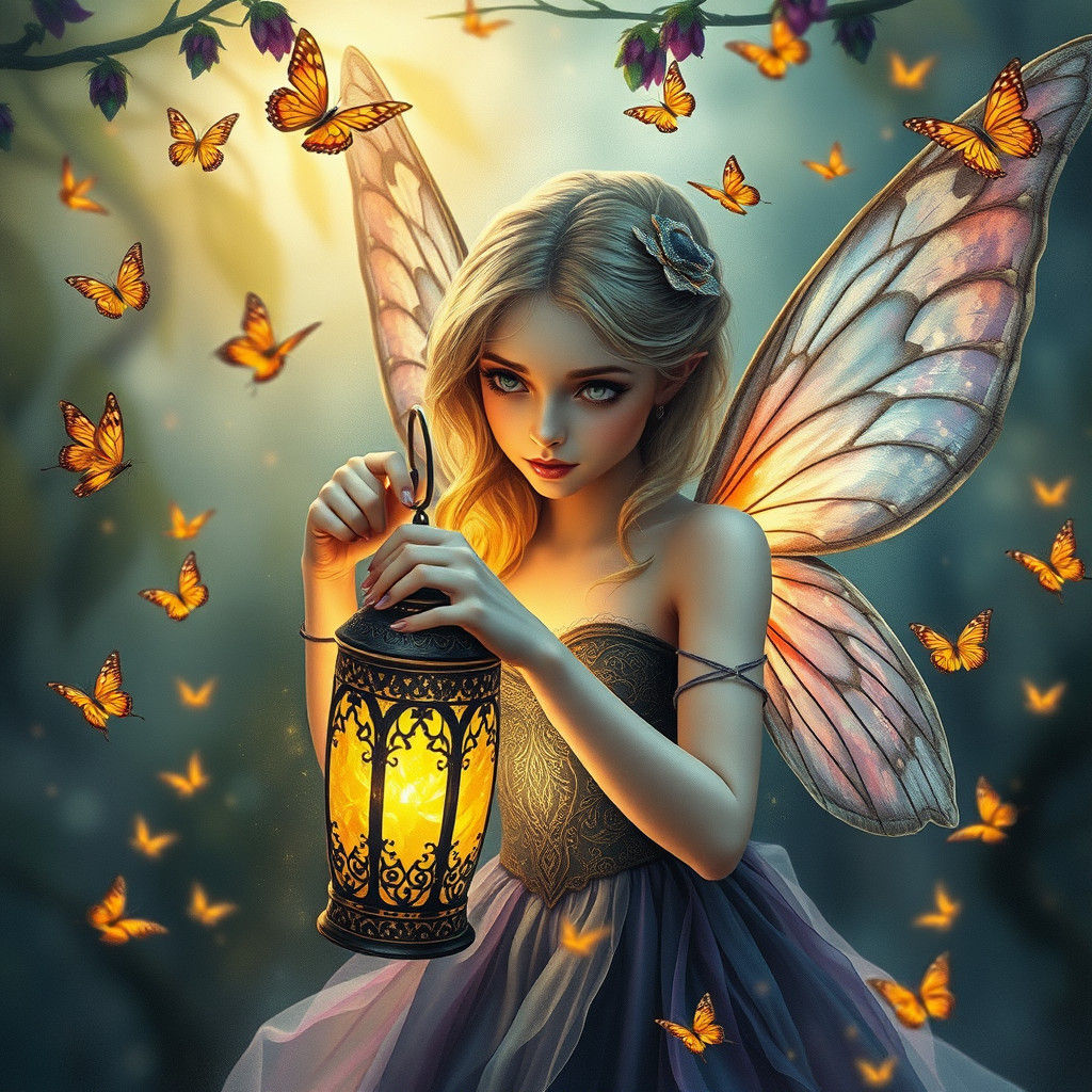 Ethereal Fairy with Lantern in Watercolor Style