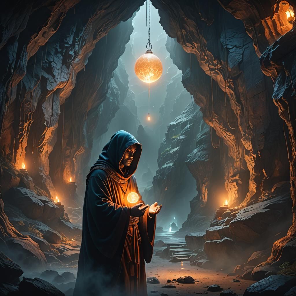 Monk Gazing at Magical Orb in Misty Cave
