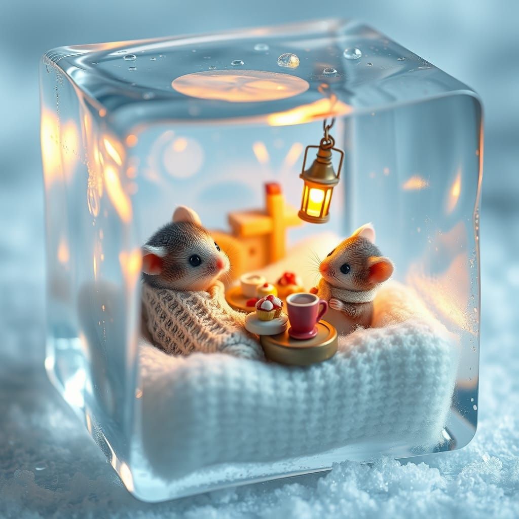 Surreal Ice Sculpture of Tiny Mouse Family in Cozy Bedroom S...