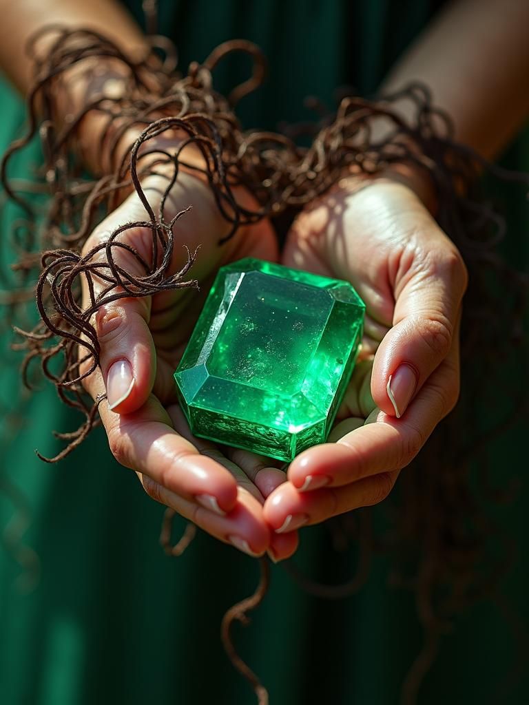 Majestic Emerald Held in Jeweled Fingers