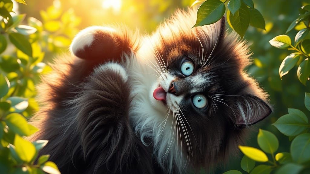 Whimsical Black and White Cat in a Swiss Garden