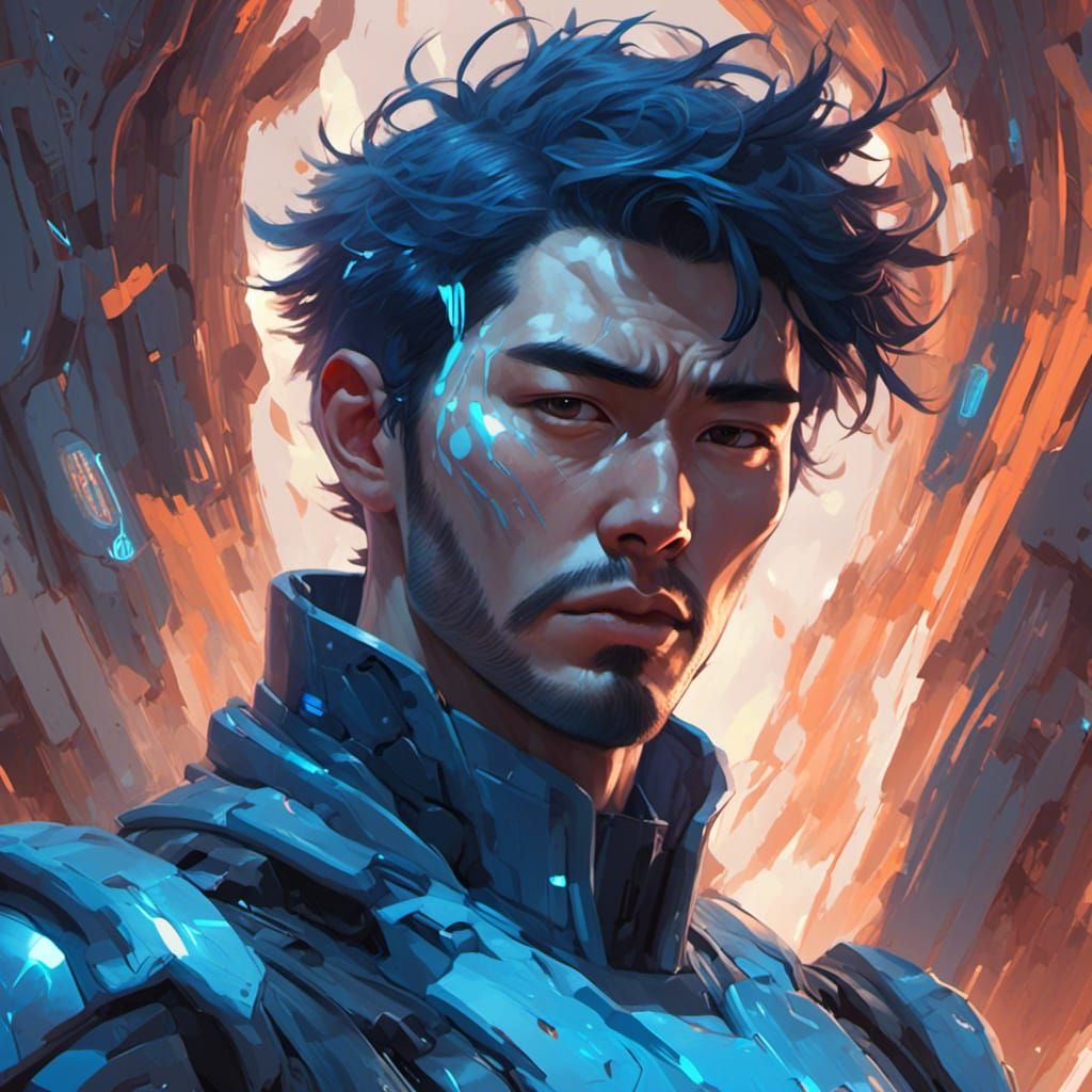 Furious Man Fused with Blue Energy, Hyperdetailed Art