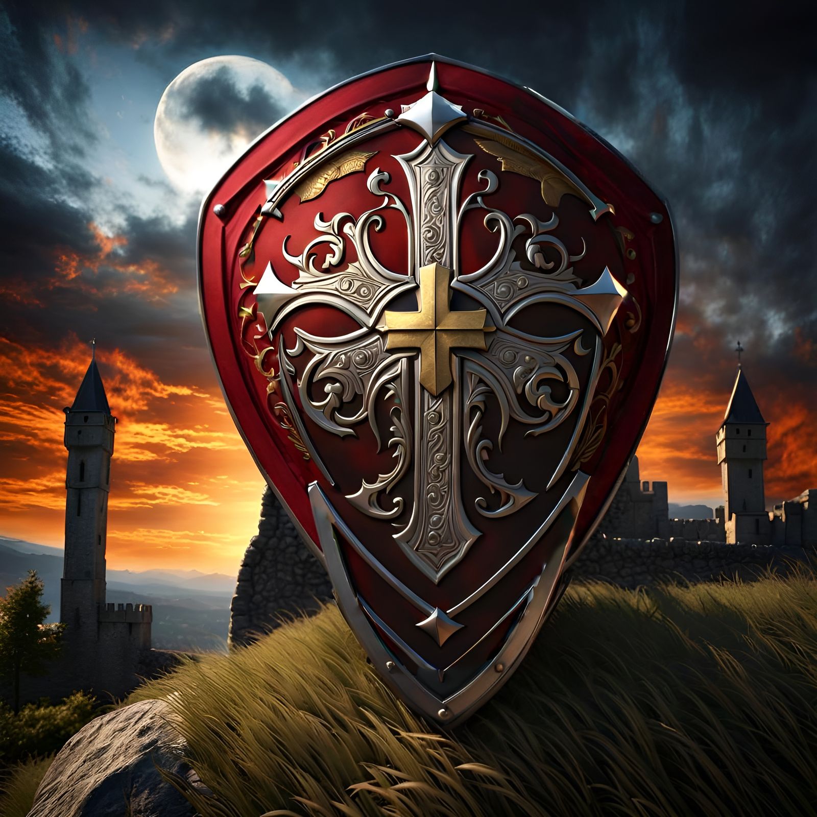 Medieval Shield with Greek Cross on Stone Wall