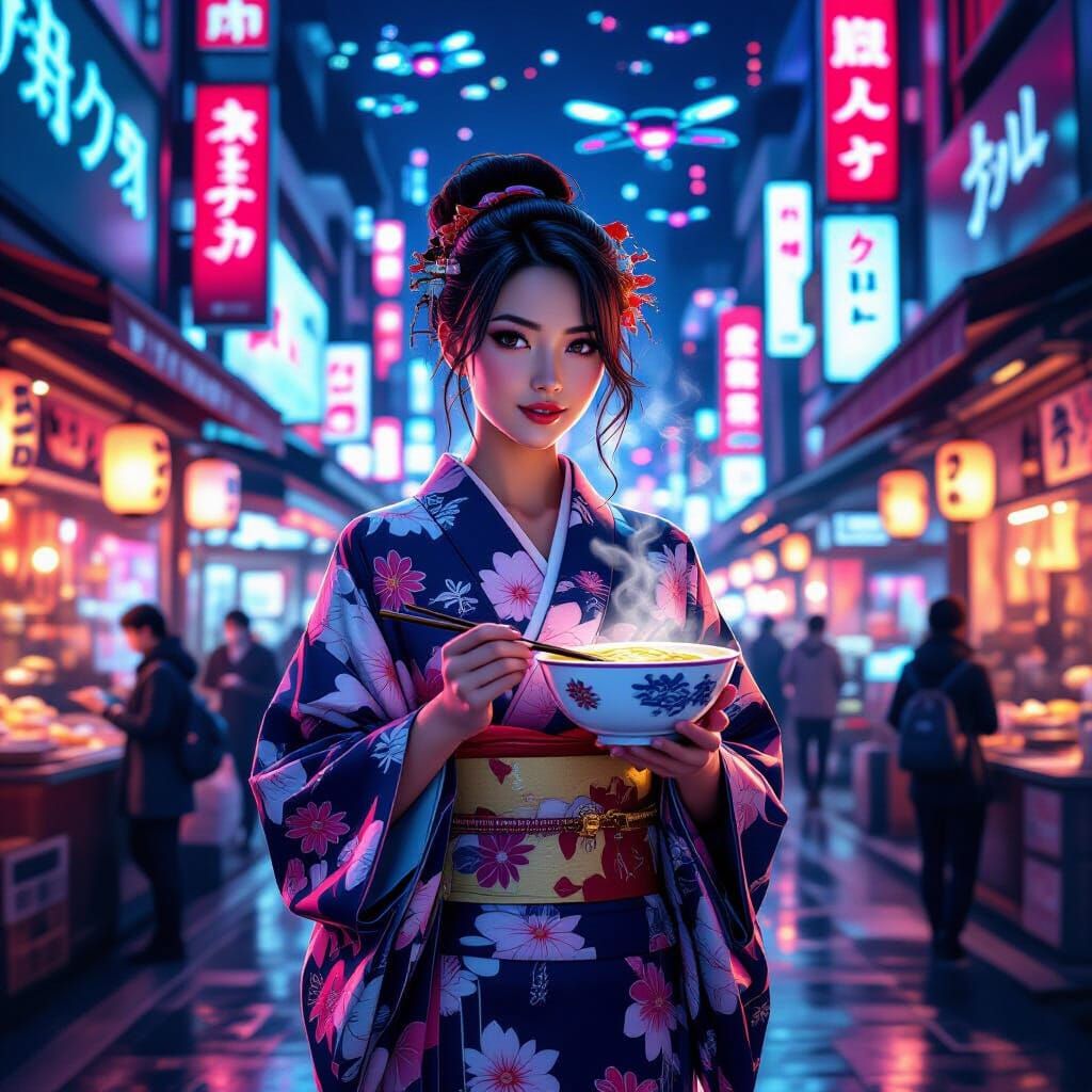 Cyberpunk Kimono: Asian Woman in Futuristic Tokyo