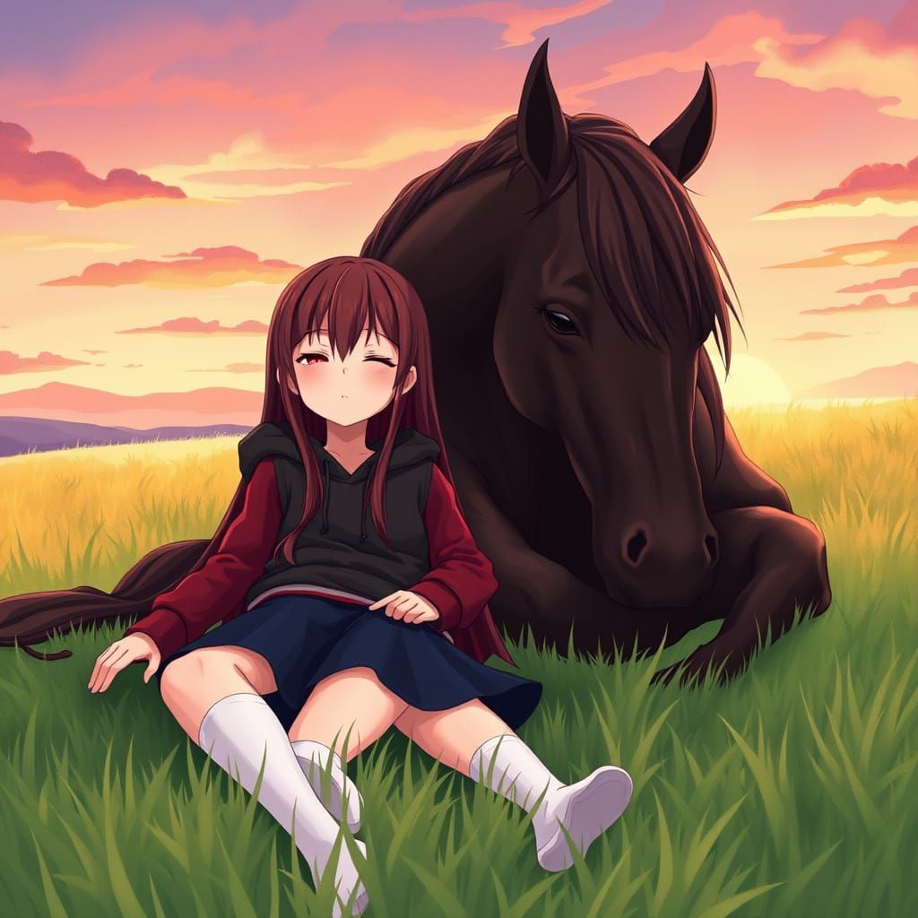 Peaceful Anime Girl Takes a Tranquil Nap in a Sunset Field
