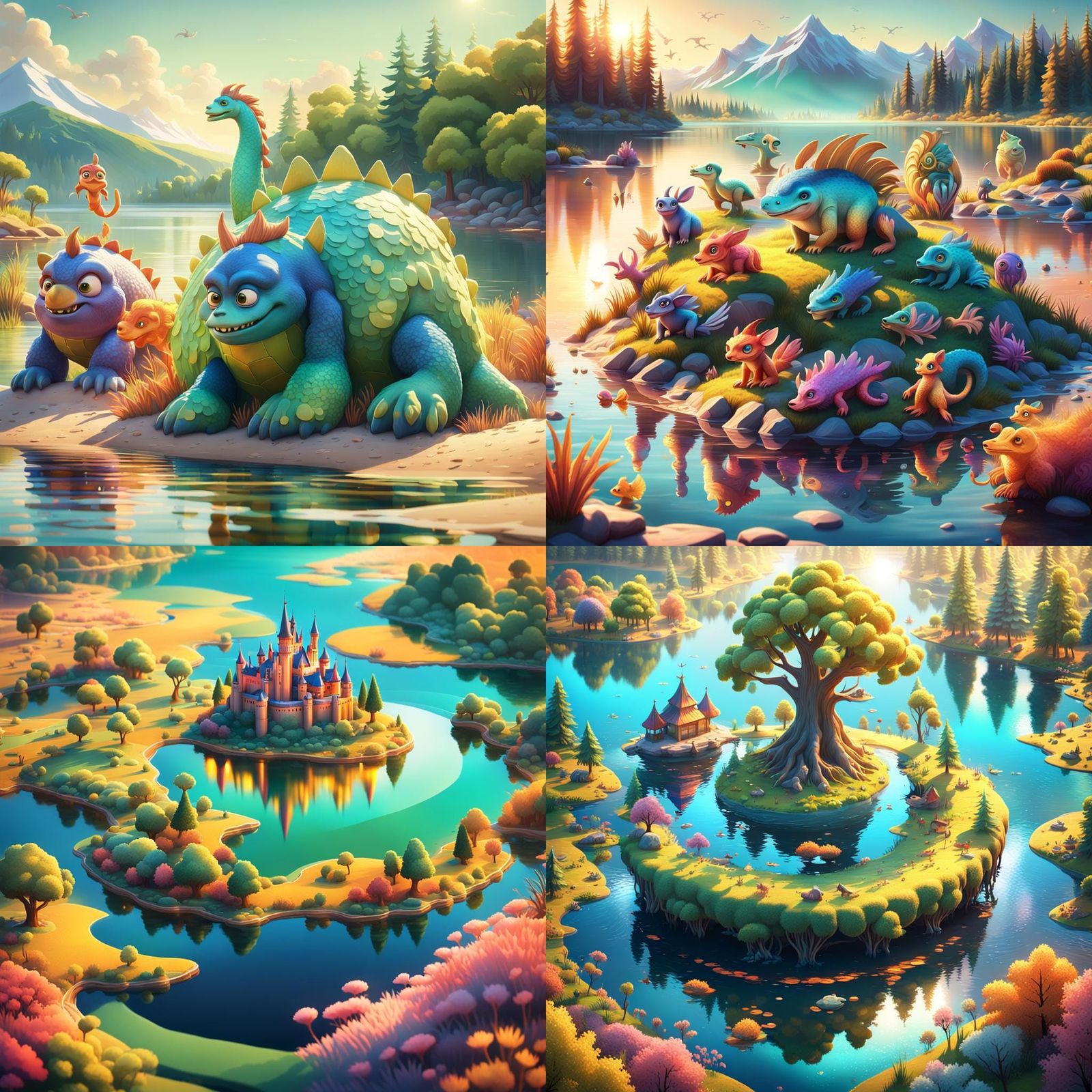 Mystical Creatures on Lake Shore: 3D Digital Art