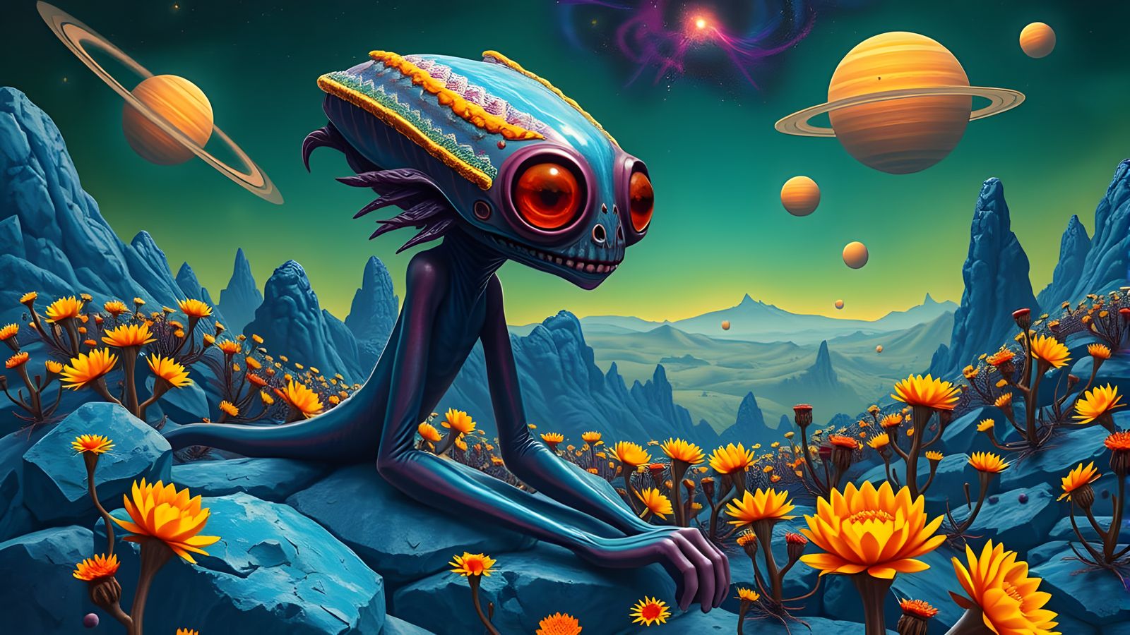 Bosch-Inspired Alien Entity Emerges Amidst Vibrant Cosmos