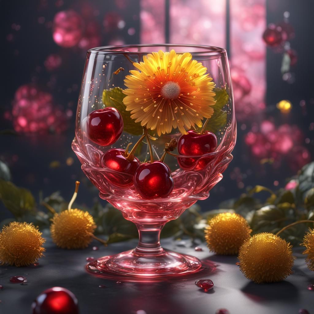 Hyperrealistic Crystal Glass Rose and Cherries