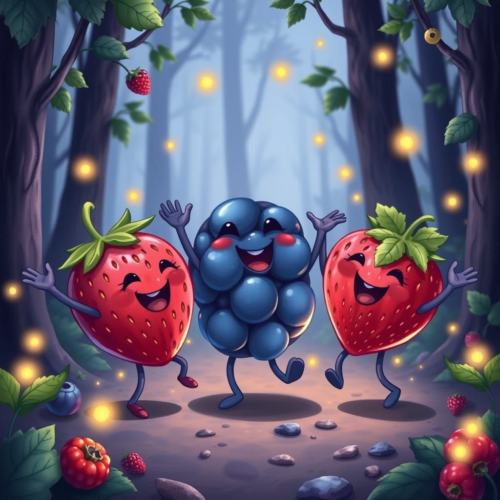 Vibrant Berry Friends Dance in Whimsical Forest