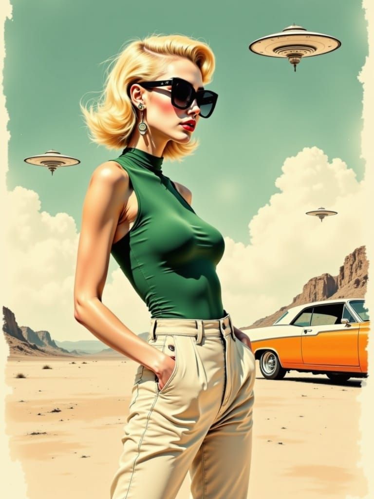 Confident Woman in Retro-Futuristic Desert Scene