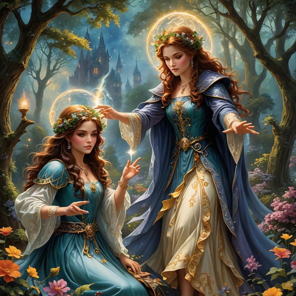 Gemini Sorcerers Casting Spells in Ethereal Fantasy Style