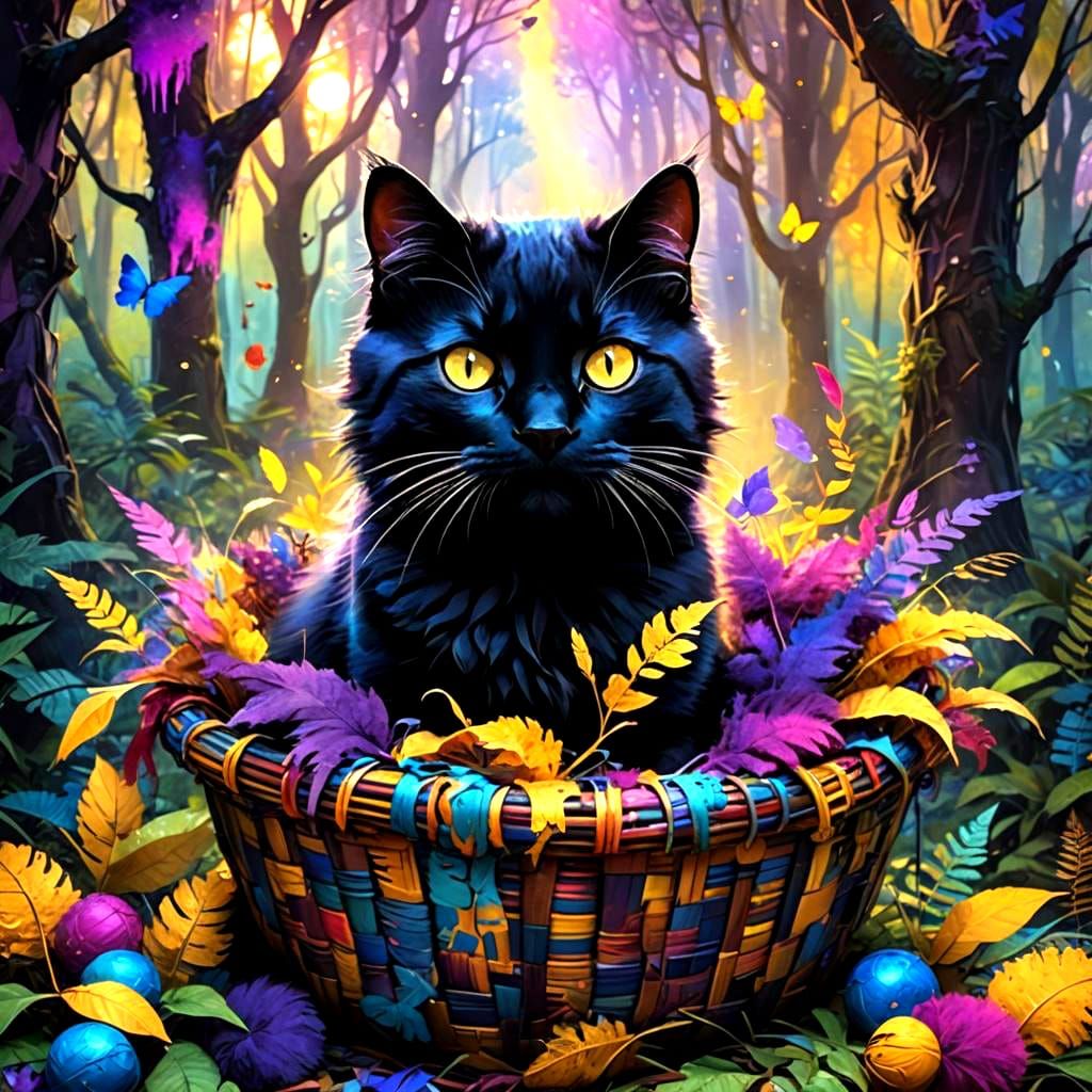 Black Kitty in Basket: Wonderland Splatter Art