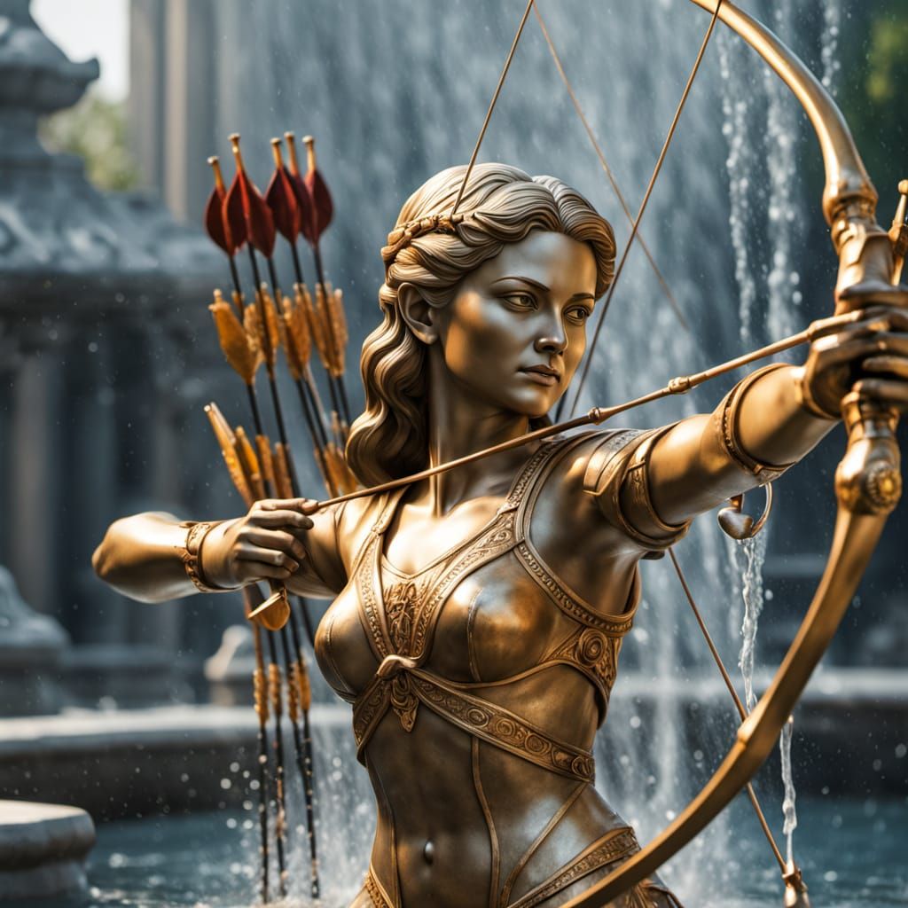 Archer Statue in Fountain: Hyper-Realistic Digital Art