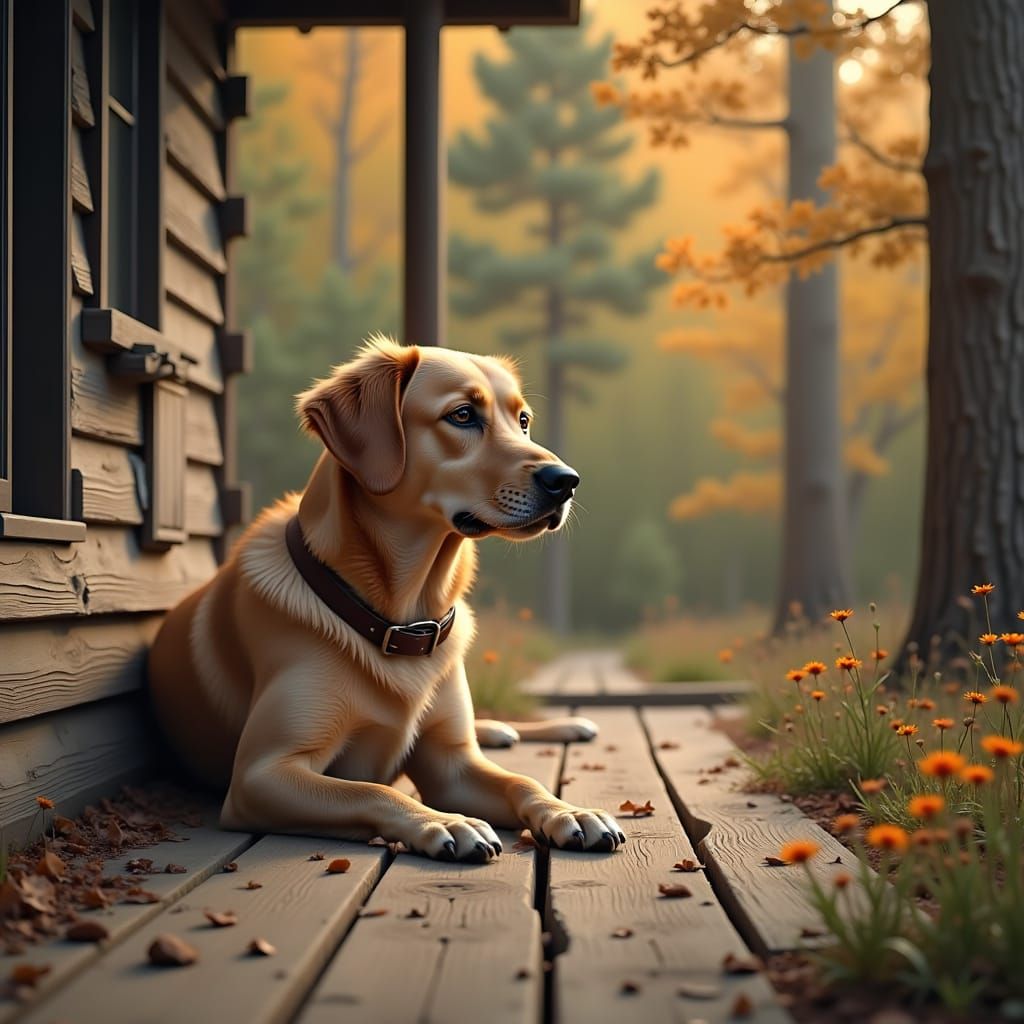 Serene Dog on Rustic Cabin Porch in Impressionist Style