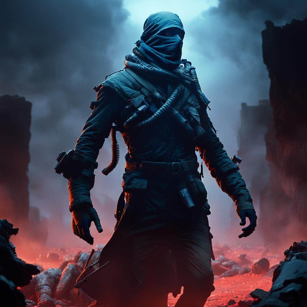 Man Walks Through War-Torn Landscape