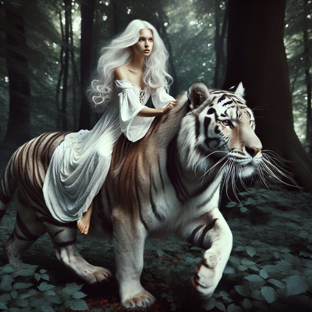 Woman with White Hair Riding a Tiger