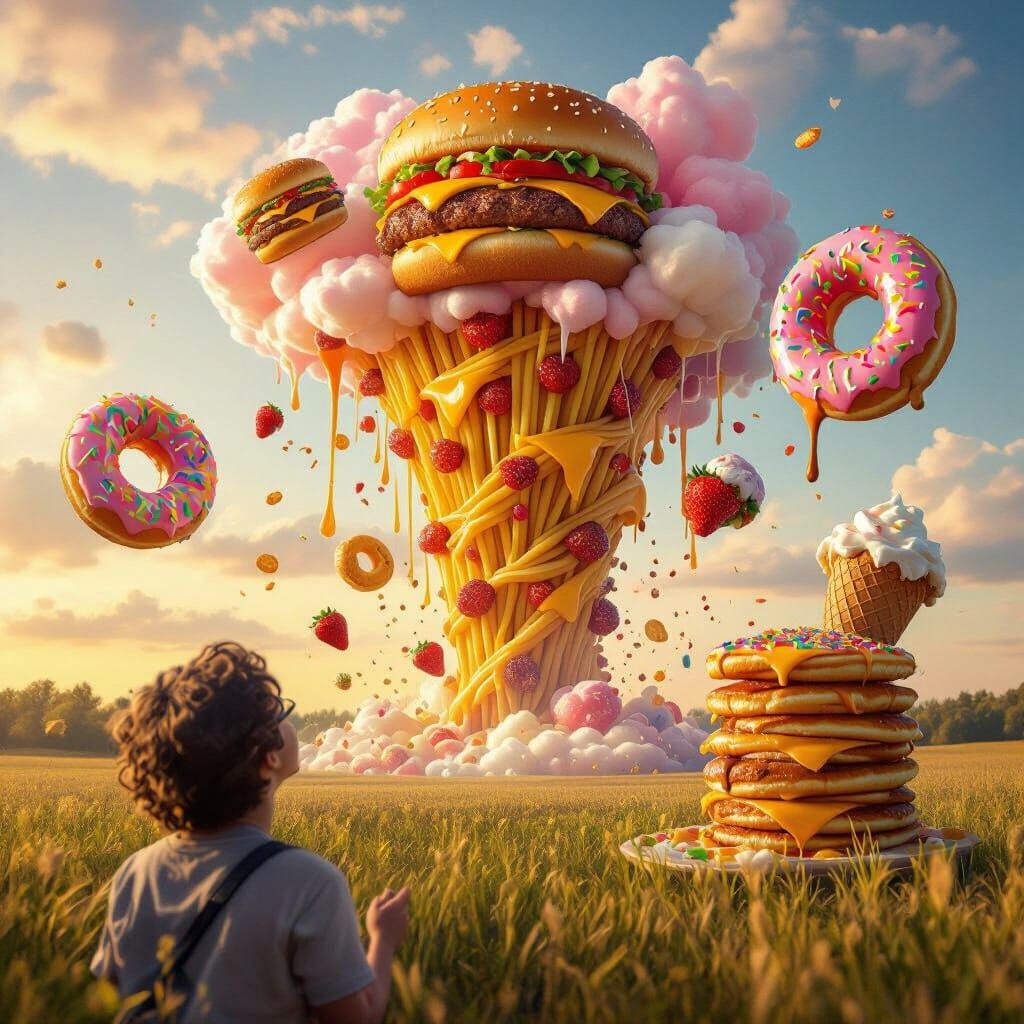 Surreal Food Storm Rains Delicious Delicacies at Golden Hour