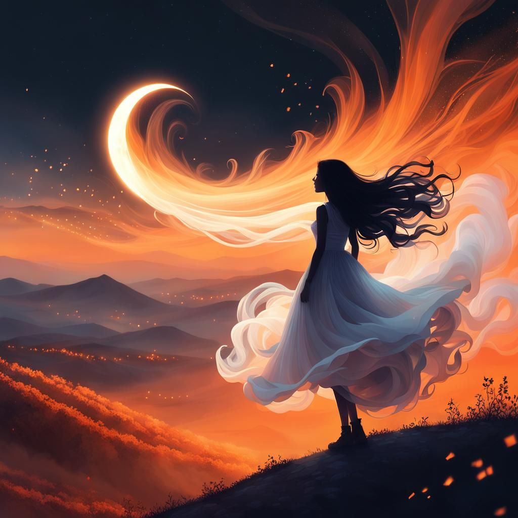 Girl in Swirling Dress Silhouette with Eclipse