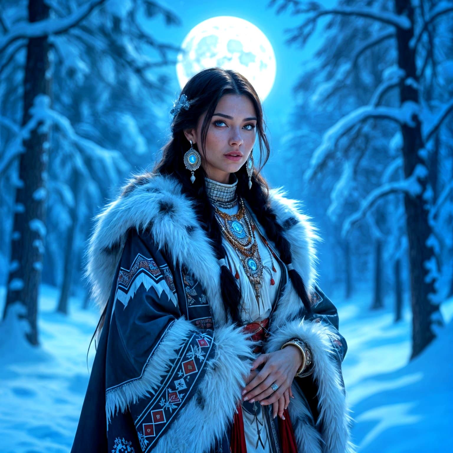 A hot woman in traditional Native American clothing, adorned...