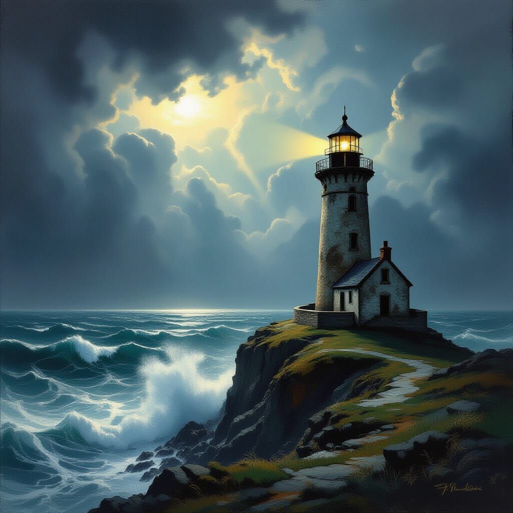 Stormy Lighthouse on Jagged Cliffs in Romantic Style