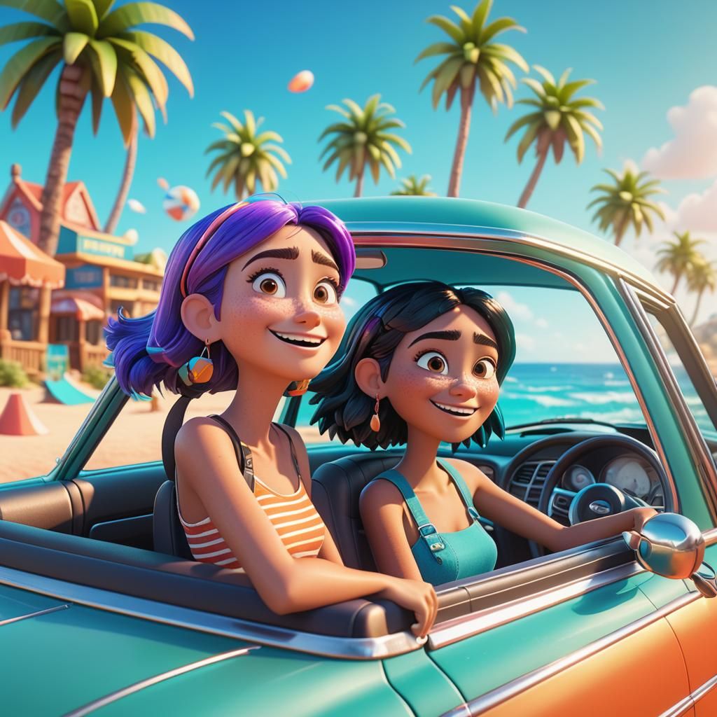 Girls' Road Trip Near the Beach: 3D Digital Art
