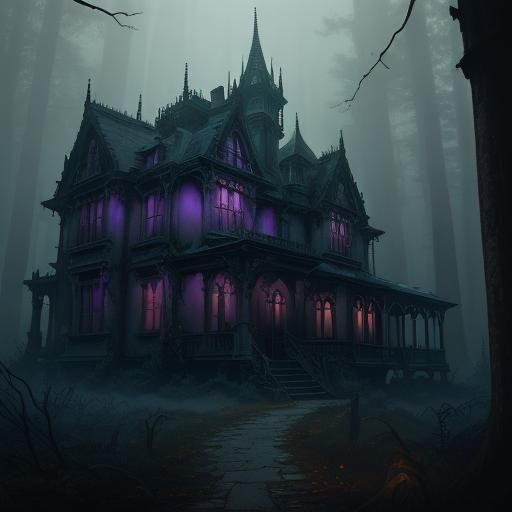Eerie Victorian Mansion in Misty Forest: Dark Fantasy