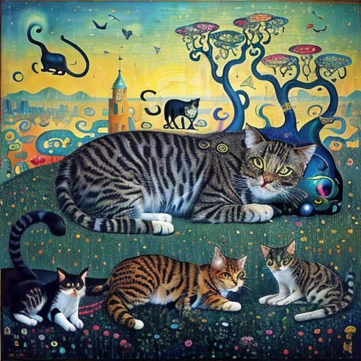 Anthropomorphic Cats Dreaming in Surrealist Style