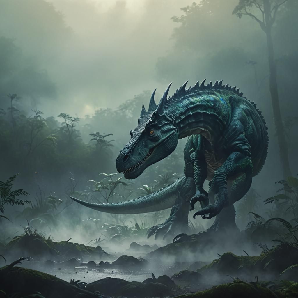 Dinosaur in Prehistoric Forest: Hyper-Realistic Digital Art