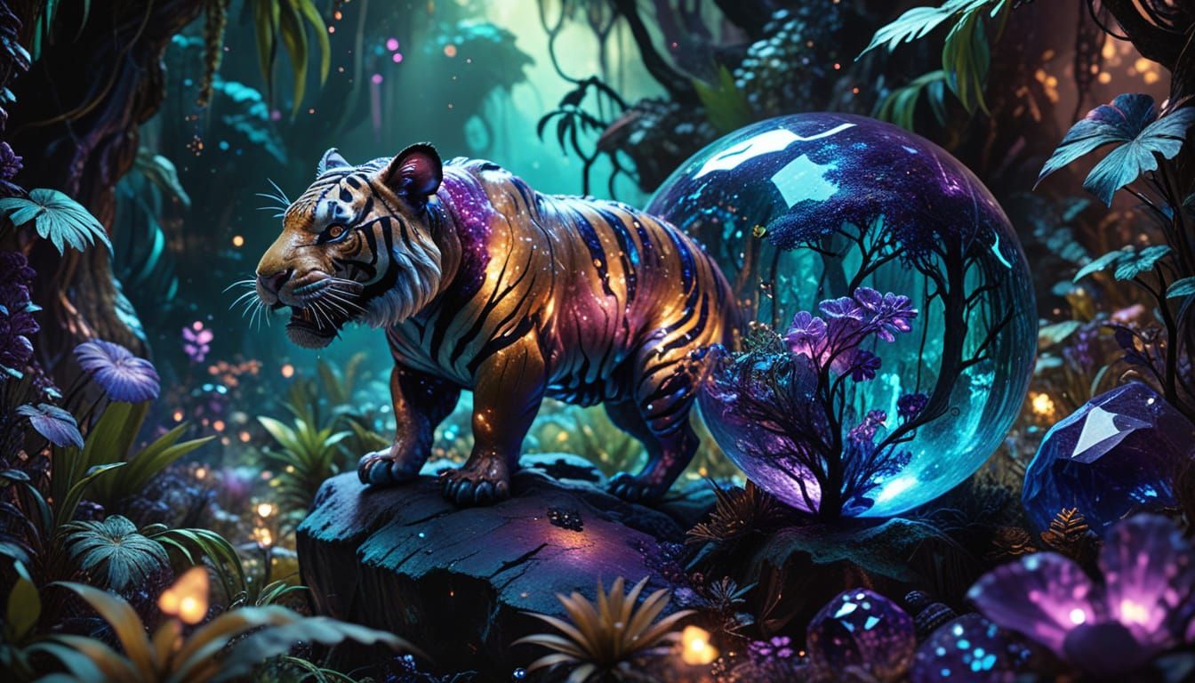 Bioluminescent Tiger-Pig in Alien Jungle: Alcohol Ink Art