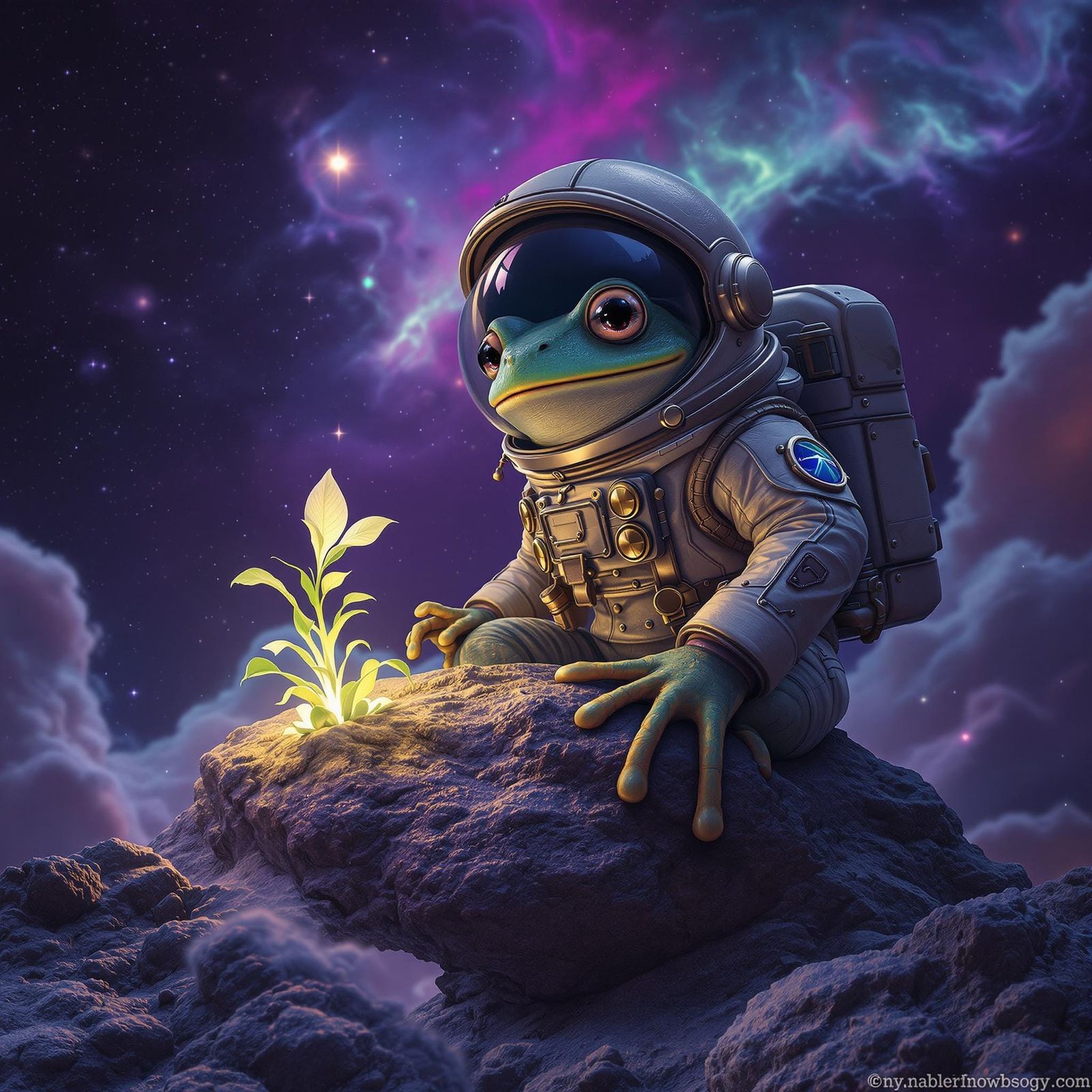 Surreal Frog Astronaut on Glowing Asteroid in Vintage Suit