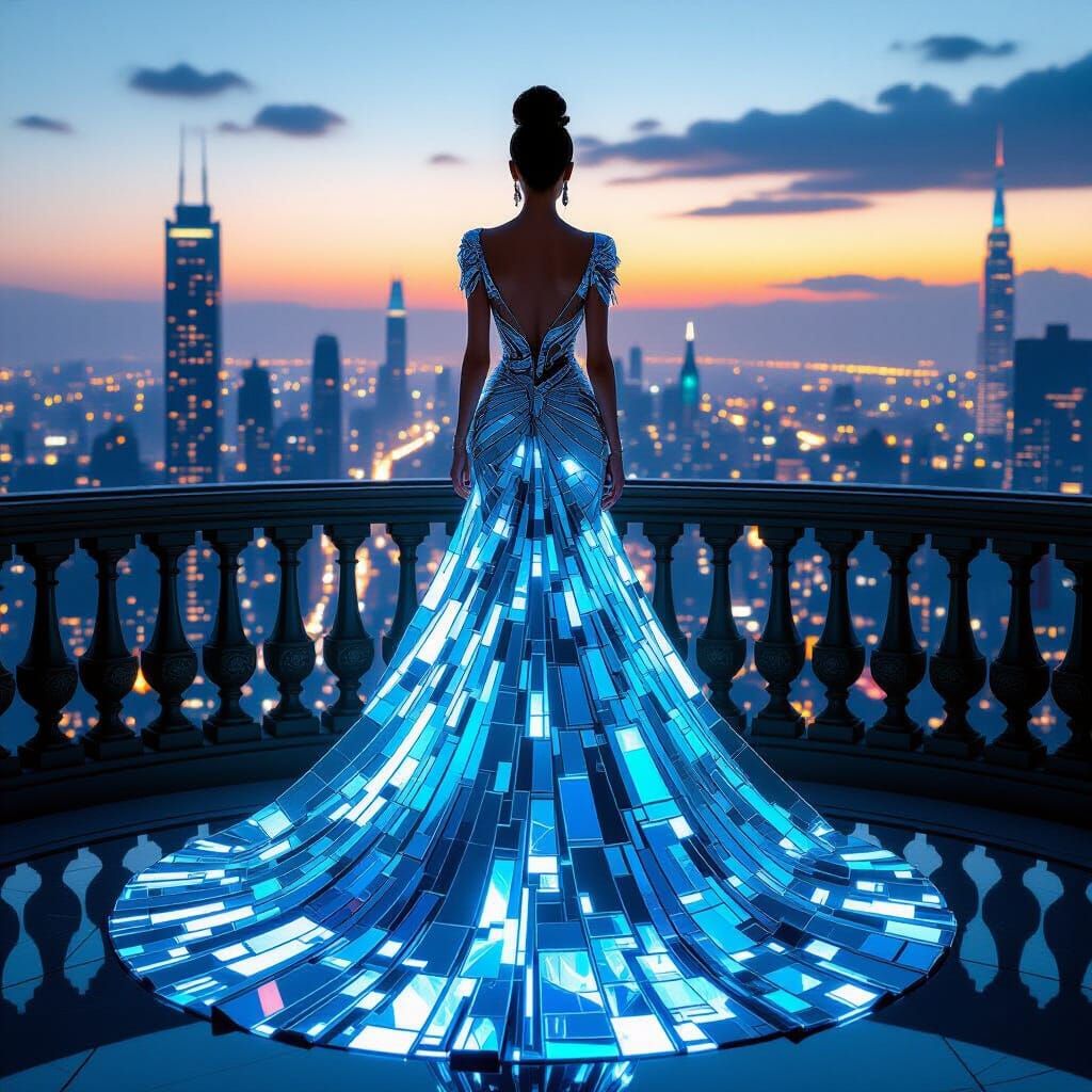 Regal Figure in Shimmering Glass Gown Overlooking Cyberpunk ...