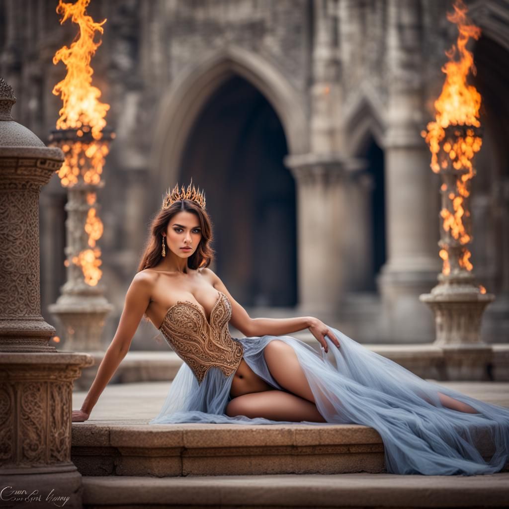 Fire Princess in Flames with Intricate Dress