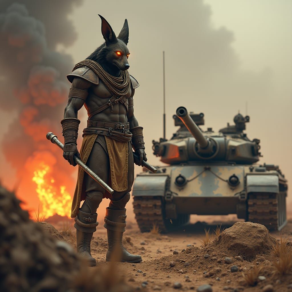 Anubis in World War 2 Trench, Detailed Matte Painting