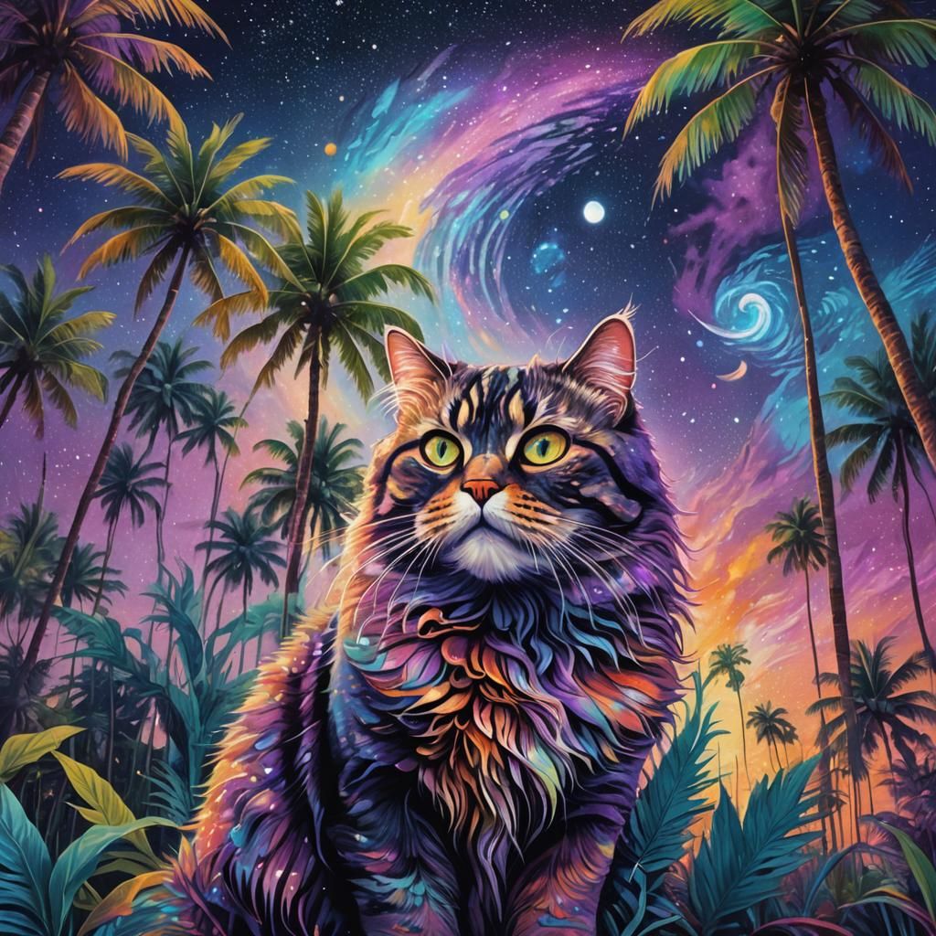 Cosmic Palm Trees and Cat, in Mixed Media Style