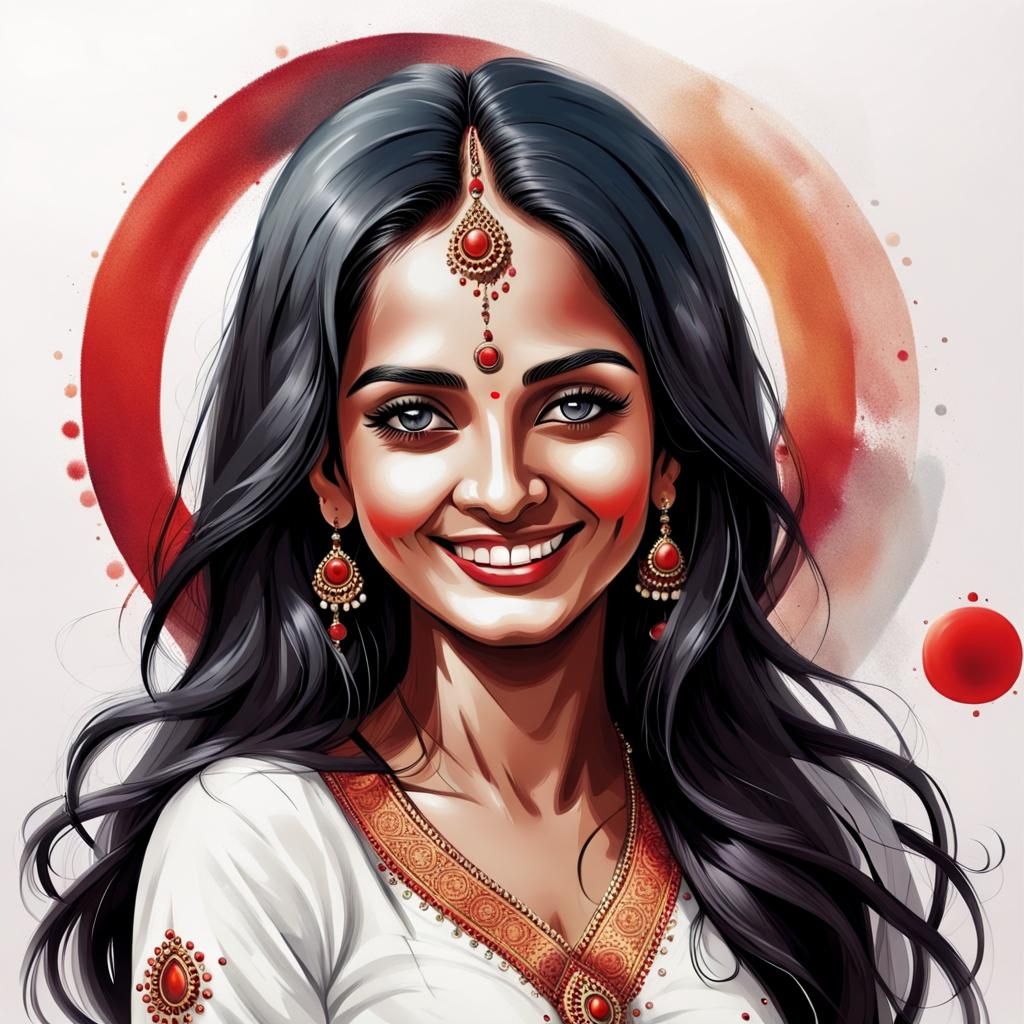 Airbrush Portrait of Smiling Indian Woman in Punjabi